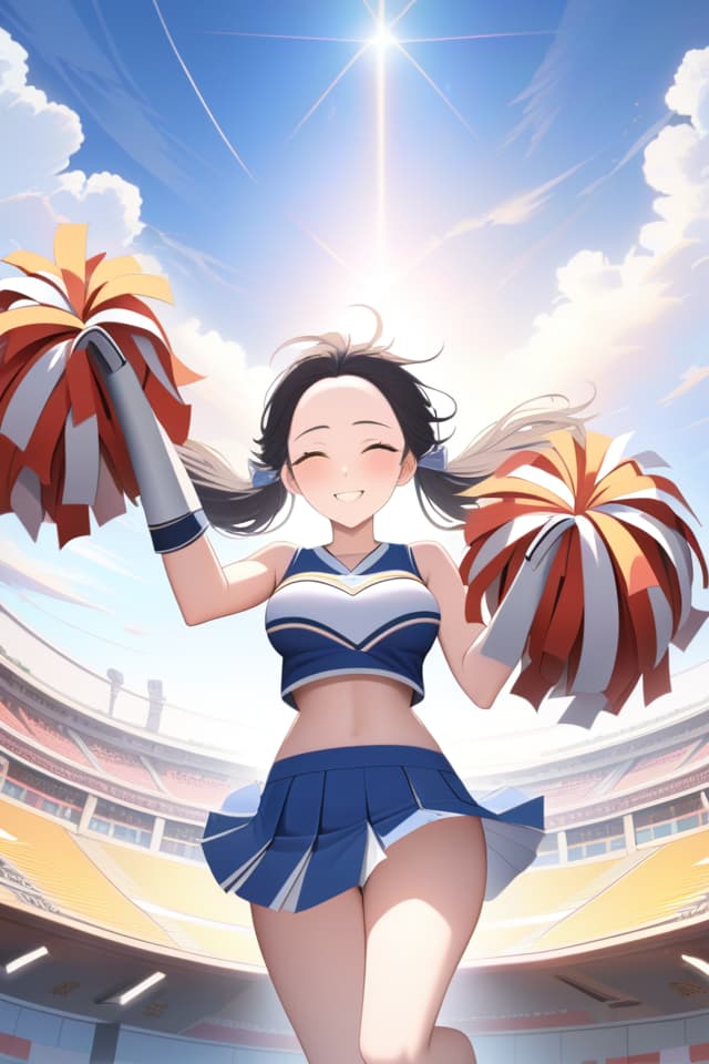  ((Cheerleader,beautiful girl)){black hair,(Forehead:1.4),twin tail hair,dazzling smile,bonbons in both hands,arms outstretched,jumping sky high,dancing}((super details))8k,high resolution,absurd,employed,delicately composed,detailed,exquisitely detailed,bold composition,cinematic angles,dynamic angles,top quality,masterpiece, hyperrealistic, full body, detailed clothing, highly detailed, cinematic lighting, stunningly beautiful, intricate, sharp focus, f/1. 8, 85mm, (centered image composition), (professionally color graded), ((bright soft diffused light)), volumetric fog, trending on instagram, trending on tumblr, HDR 4K, 8K