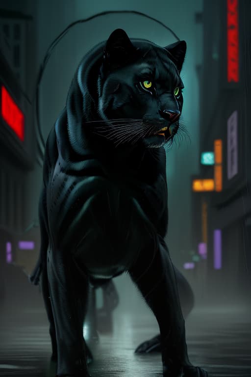  A sleek black panther crouches low to the ground, its piercing green eyes fixed on an unsuspecting prey. Its fur is slick with rain, and its muscles ripple beneath the surface as it prepares to pounce. The jungle around it falls silent, as if holding its breath in anticipation of the panther's deadly move. The air is thick with the scent of danger, and the panther's menacing growl sends shivers down the spine of all who hear it.