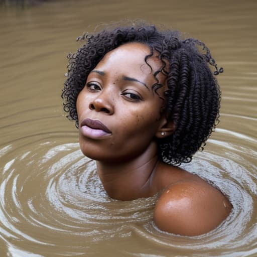  african woman's face with short and curly hair drowning in the river