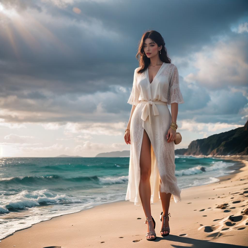  Girl on the beach hyperrealistic, full body, detailed clothing, highly detailed, cinematic lighting, stunningly beautiful, intricate, sharp focus, f/1. 8, 85mm, (centered image composition), (professionally color graded), ((bright soft diffused light)), volumetric fog, trending on instagram, trending on tumblr, HDR 4K, 8K