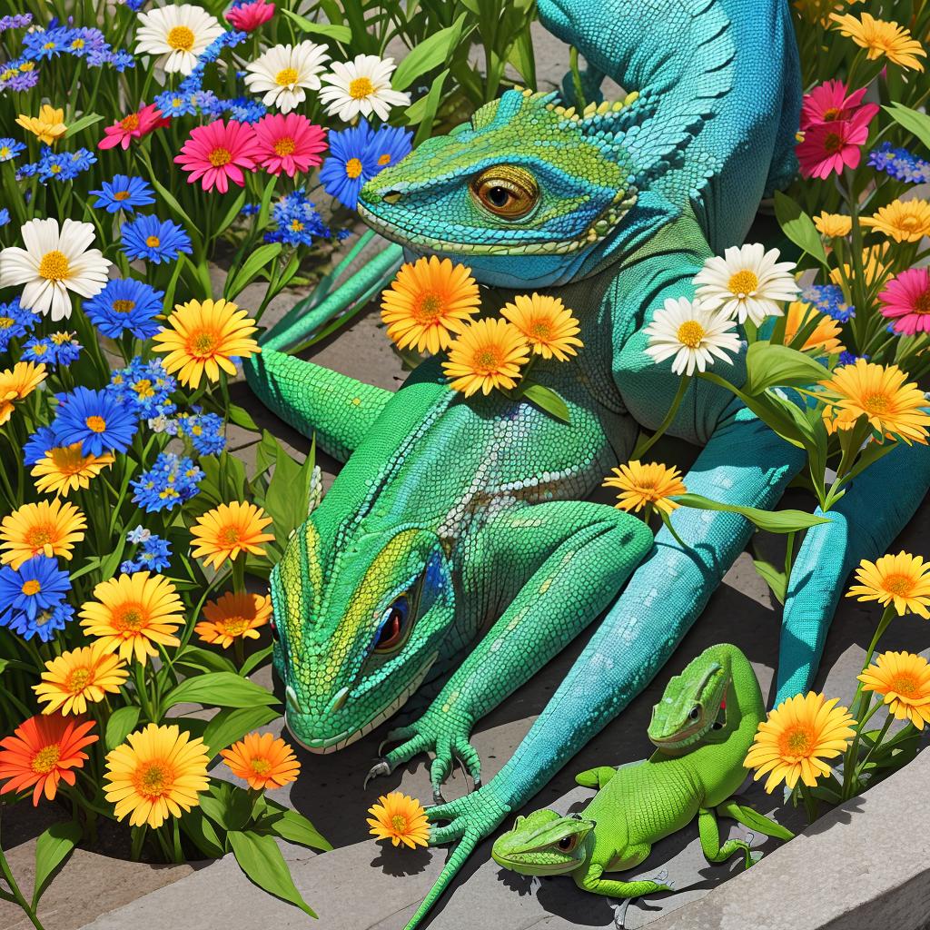  masterpiece, best quality, flowers and lizard