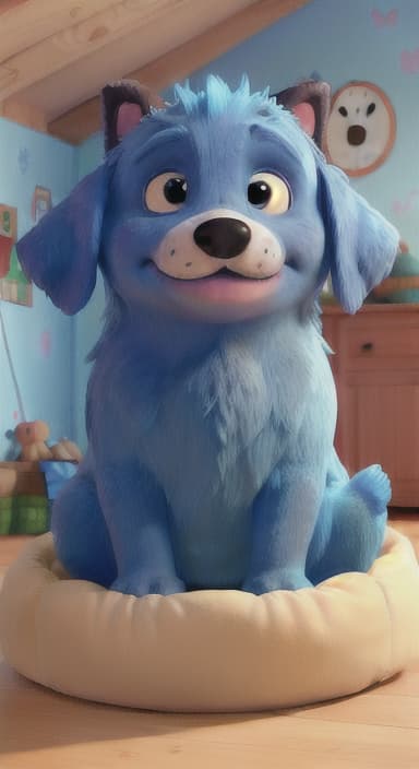  {Max snuggled up in his comfy dog bed inside the house, fast asleep, The big blue dog is large with sky blue fur, big round eyes, a black nose, and floppy ears.