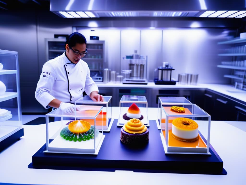  An ultradetailed image of a futuristic dessert laboratory filled with advanced equipment like molecular gastronomy tools, edible 3D printers, and chefs in sleek uniforms creating innovative and visually stunning desserts. The lab is illuminated with a soft, ambient light that highlights the intricate details of the desserts being prepared, showcasing a mix of traditional and cuttingedge techniques. The atmosphere conveys a sense of creativity, precision, and sophistication, perfect for illustrating the concept of innovative dessert design beyond 3D printing. hyperrealistic, full body, detailed clothing, highly detailed, cinematic lighting, stunningly beautiful, intricate, sharp focus, f/1. 8, 85mm, (centered image composition), (professionally color graded), ((bright soft diffused light)), volumetric fog, trending on instagram, trending on tumblr, HDR 4K, 8K