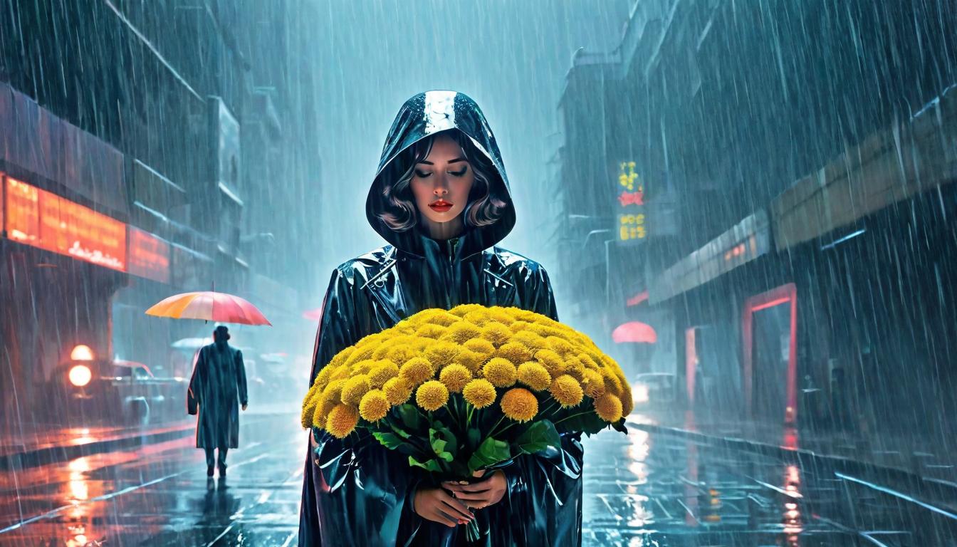  retro futuristic A solitary figure under a heavy rain, clutching a wilted flower, symbol of personal loss, torrents as tears of the universe, solitude in sorrow, moment of reflection, ephemeral beauty amidst despair. lvintage sci fi, 50s and 60s style, atomic age, vibrant, highly detailed