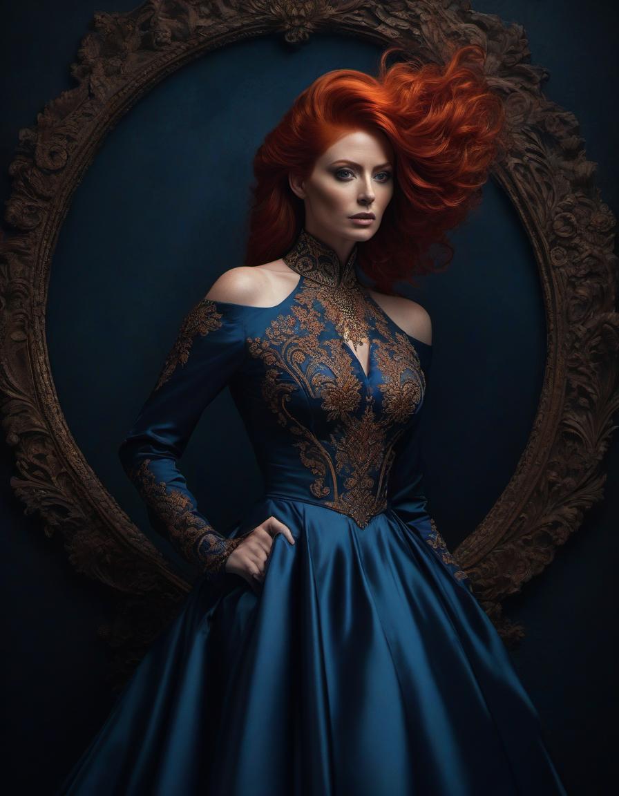  concept art A striking digital artwork of a woman with voluminous red hair in an ornate blue dress, posing elegantly against a dark background. . digital artwork, illustrative, painterly, matte painting, highly detailed hyperrealistic, full body, detailed clothing, highly detailed, cinematic lighting, stunningly beautiful, intricate, sharp focus, f/1. 8, 85mm, (centered image composition), (professionally color graded), ((bright soft diffused light)), volumetric fog, trending on instagram, trending on tumblr, HDR 4K, 8K