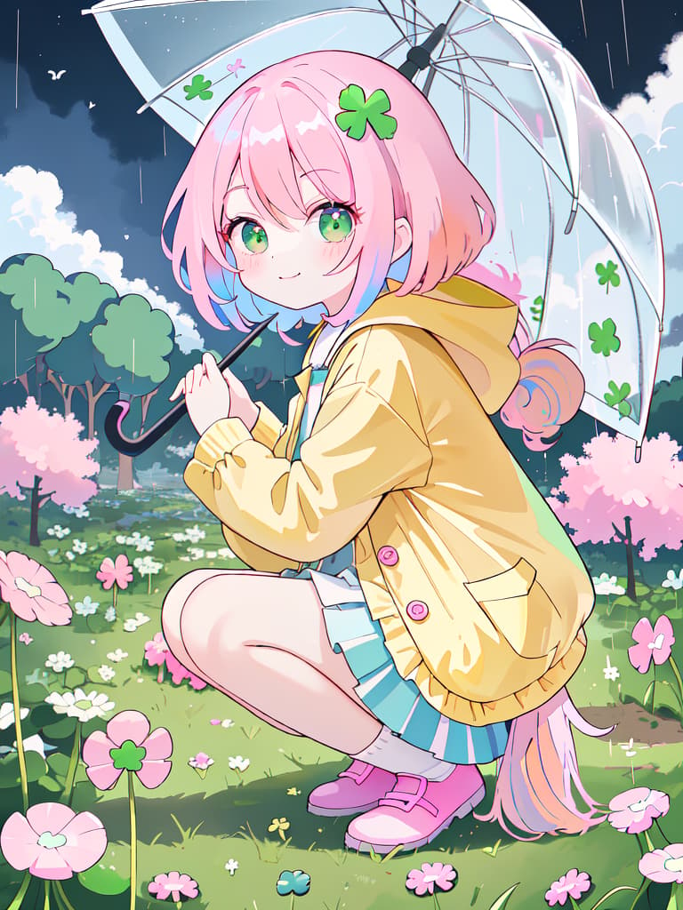  ultra detailed:1.2,masterpiece:1.2,best quality,masterpiece,bestquality,hdr:1.1,8k:1.1,very cute girl:1.3,(clover field:1.3),search a green clover:1.3,holding clover:1.4,holding umbrella:1.3,heavy rain:1.3,rainbow:1.2,(checkerd pattern,big umbrella :1.1),(pink hair:1.3),happy smile:1.3,(squatting,kneeling:1.4)from below:1.2,from side,looking down,closed mouth:1.1,face focus:1.5,yellow raincoat:1.1, masterpiece, best quality,8k,ultra detailed,high resolution,an extremely delicate and beautiful,hyper detail