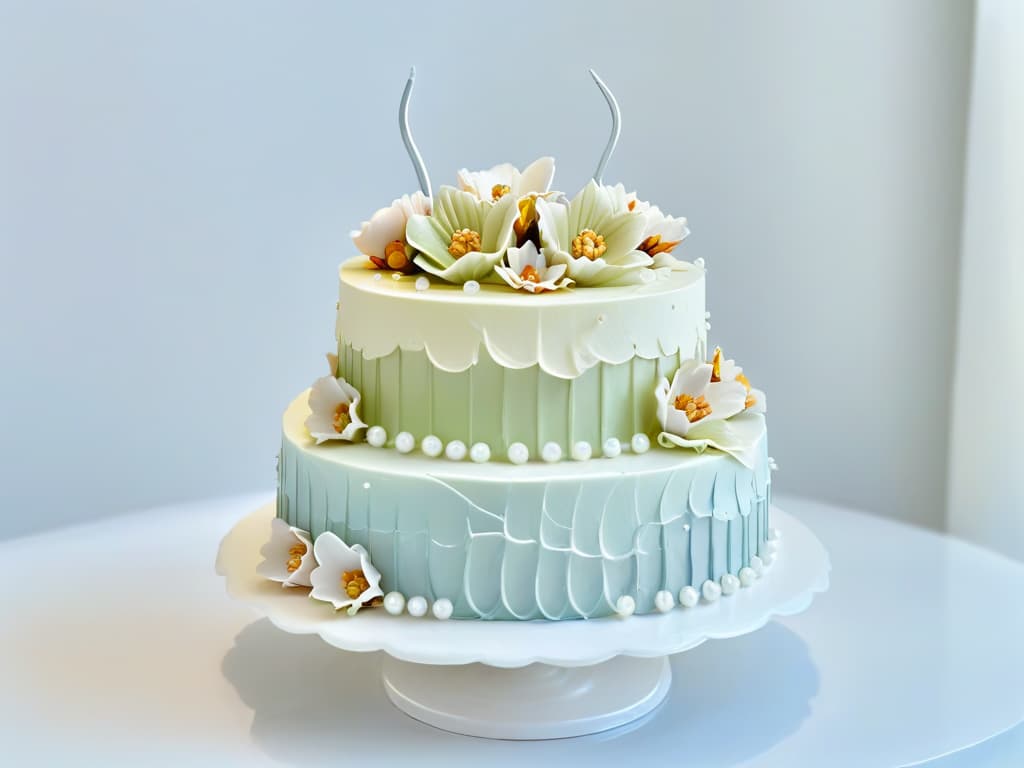  A highresolution, minimalist image of a beautifully decorated tiered cake featuring intricate fondant details in pastel colors, adorned with delicate sugar flowers and shimmering edible pearls. The cake is displayed on a sleek, white marble cake stand against a soft, blurred background to emphasize the elegant design and craftsmanship, perfect for showcasing the artistry and creativity of thematic bakery merchandising. hyperrealistic, full body, detailed clothing, highly detailed, cinematic lighting, stunningly beautiful, intricate, sharp focus, f/1. 8, 85mm, (centered image composition), (professionally color graded), ((bright soft diffused light)), volumetric fog, trending on instagram, trending on tumblr, HDR 4K, 8K