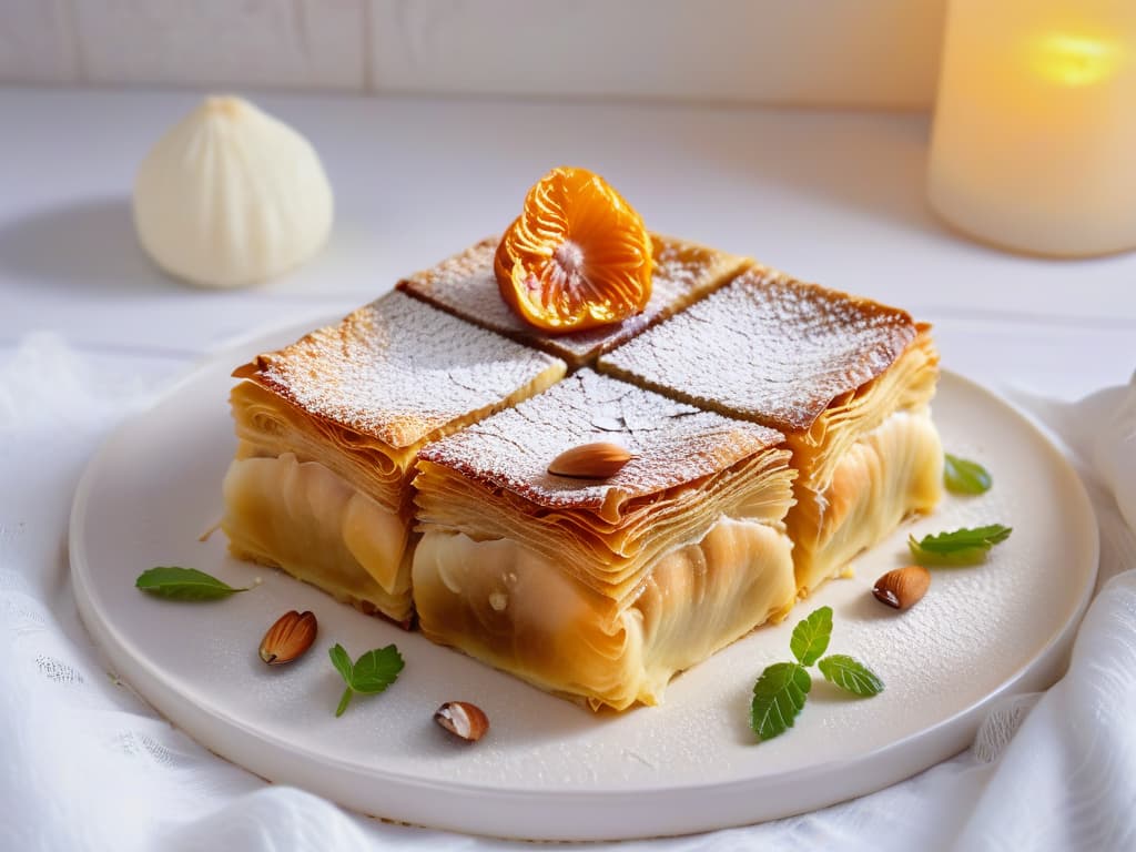  An ultradetailed image of a traditional Moroccan almond and rosewater baklava meticulously arranged on a delicate ceramic plate. The baklava glistens under soft lighting, showcasing its intricate layers of phyllo pastry, finely chopped almonds, and a drizzle of golden honey. The plate rests on a rustic wooden table, adorned with vibrant purple and orange blooms in a small, elegant vase. The scene exudes a sense of sophistication and exotic allure, capturing the essence of Arab influences in North African desserts with a minimalist touch. hyperrealistic, full body, detailed clothing, highly detailed, cinematic lighting, stunningly beautiful, intricate, sharp focus, f/1. 8, 85mm, (centered image composition), (professionally color graded), ((bright soft diffused light)), volumetric fog, trending on instagram, trending on tumblr, HDR 4K, 8K