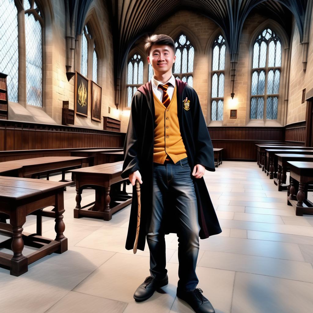  s at Hogwarts in , you can see  s, es, magic wand twists out of pants, real photo, naturalness, photo realism, wide angle camera, panoramic photo.