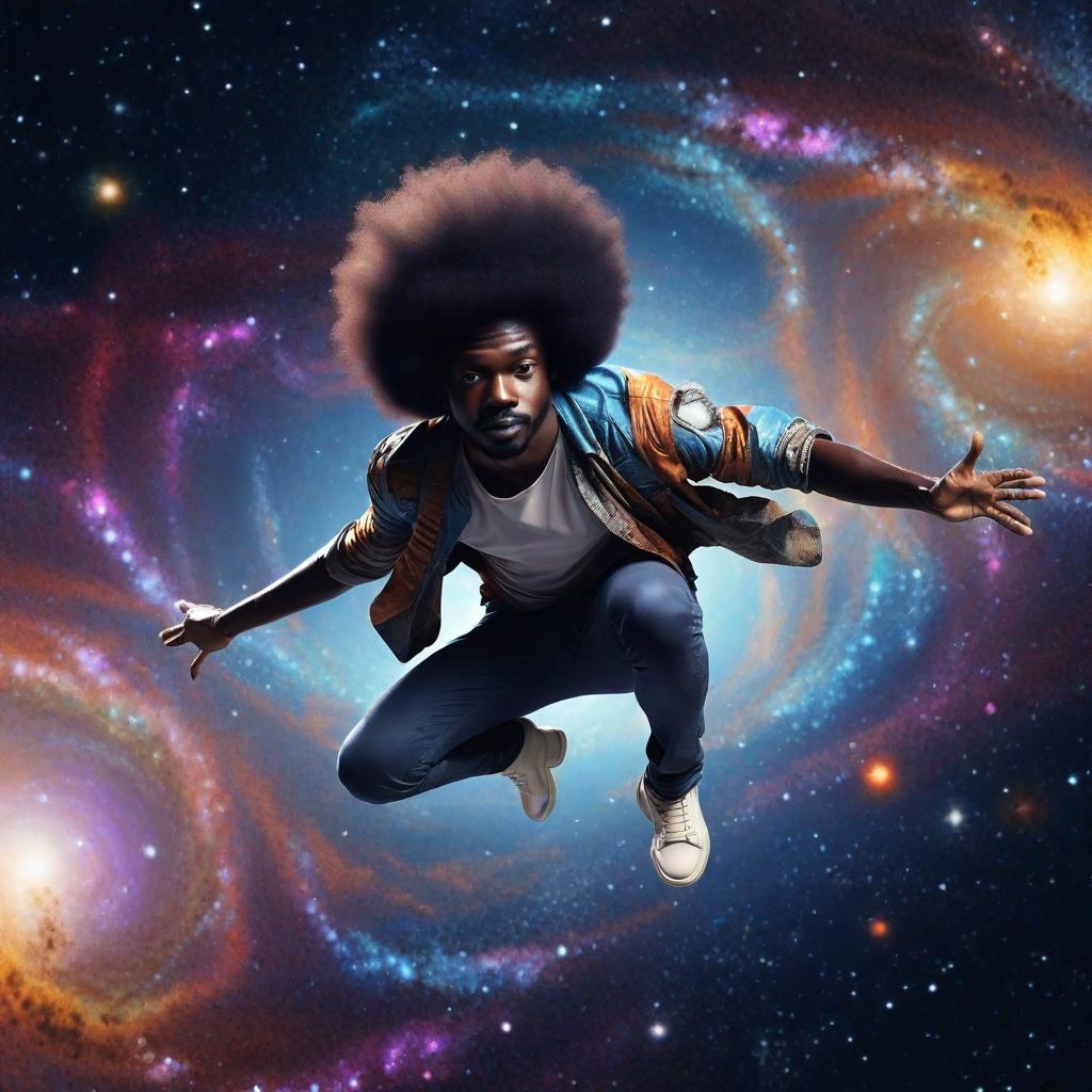  afro man flying in the cosmic space