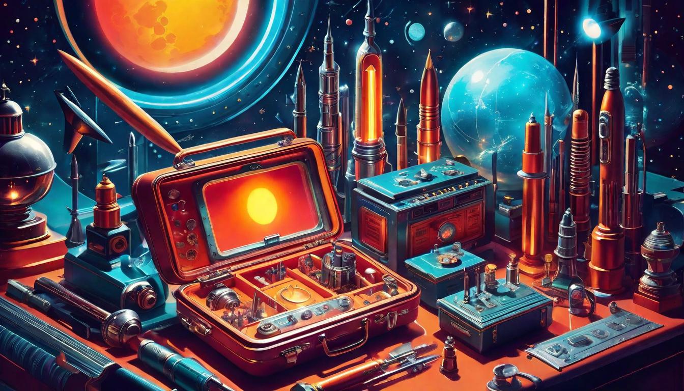  retro futuristic Tools of various trades glowing with an inner light, set against a cosmic backdrop. Tools, gifts, refinement. lvintage sci fi, 50s and 60s style, atomic age, vibrant, highly detailed