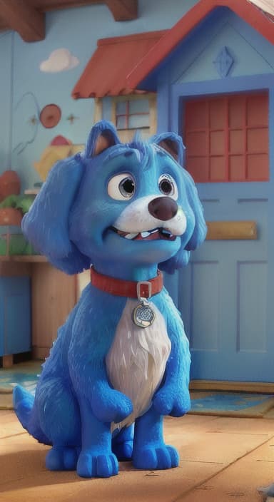  {Max the big blue dog standing in front of a cozy little house with a red door, The big blue dog is large with sky blue fur, big round eyes, a black nose, and floppy ears.