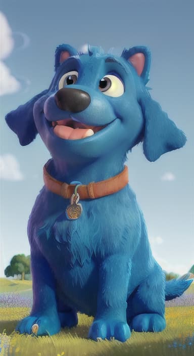  {A happy, big blue dog wagging its tail in a colorful meadow, The big blue dog is large with sky blue fur, big round eyes, a black nose, and floppy ears.