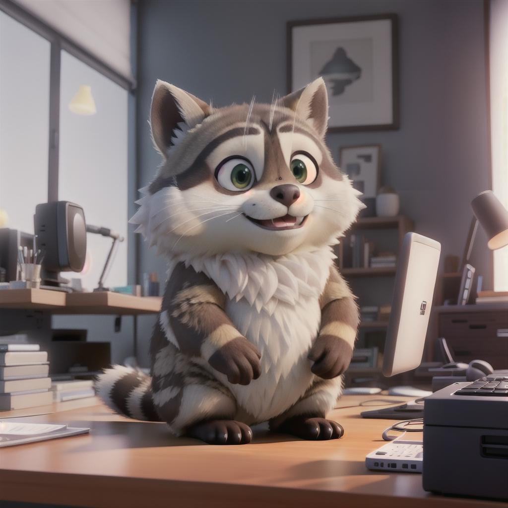  raccoon sitting in gaming chair front a computer on desktop, ((semi anthropomorphic)),(full body), tail, belly, sitting, fat, (chubby), (((white background))), solo, desktop, gaming chair, side view,  [[[clothes]]] hyperrealistic, full body, detailed clothing, highly detailed, cinematic lighting, stunningly beautiful, intricate, sharp focus, f/1. 8, 85mm, (centered image composition), (professionally color graded), ((bright soft diffused light)), volumetric fog, trending on instagram, trending on tumblr, HDR 4K, 8K