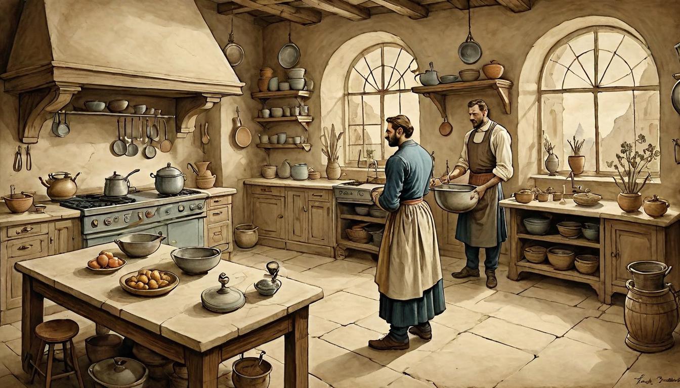  on parchment, surrealism+++, A kitchen scene, person casually suggesting a change of plans, undertone of control in the actions, subtle power dynamics(mysterious, provocative, symbolic,muted color)+++