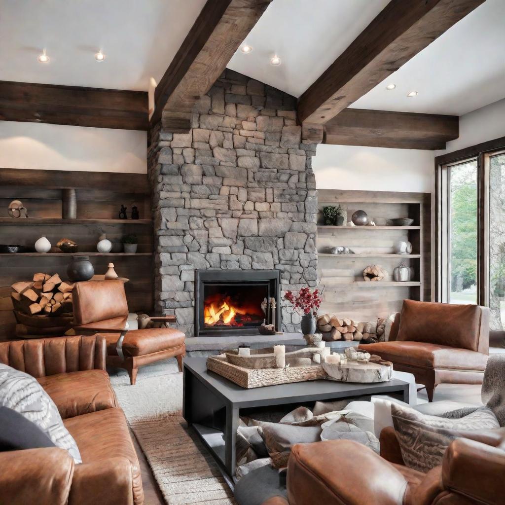   Design a cozy den with exposed wooden beams, a stone fireplace, and leather armchairs for a refined yet rustic feel. 8k, cinematic lighting, HDR