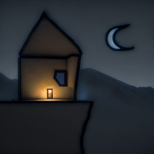  a house on a big mountain by night, moon in sky, starlight , best quality, masterpiece, RAW Photo, ultrahigh res, highly detailed, sharp focus