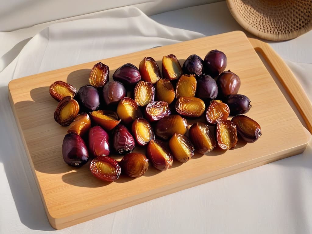  An elegant and minimalistic flat lay image of a wooden cutting board with a handful of plump, fresh dates scattered across it. The dates are perfectly arranged in a neat row, showcasing their glossy texture and rich color. The soft natural light casts a gentle shadow, emphasizing the simplicity and natural beauty of the dates. hyperrealistic, full body, detailed clothing, highly detailed, cinematic lighting, stunningly beautiful, intricate, sharp focus, f/1. 8, 85mm, (centered image composition), (professionally color graded), ((bright soft diffused light)), volumetric fog, trending on instagram, trending on tumblr, HDR 4K, 8K