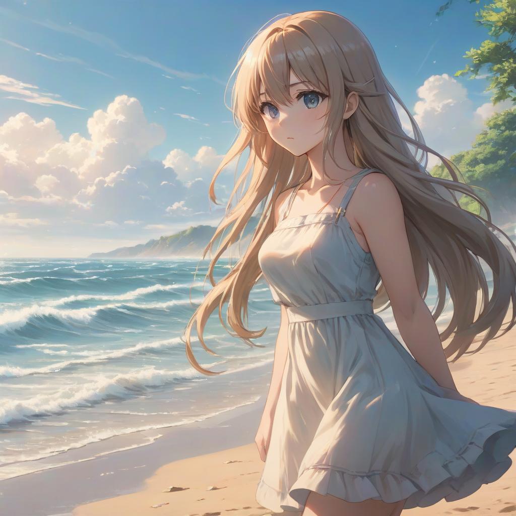  anime artwork , anime style, a with long hair, bright sunny weather, a summer dress fluttering in the wind, stands far away from the ocean, has a somber expression, detailed face, there is sand around, dim lighting, nostalgic mood, cinematic effect, viewed from the side, the is looking at the ocean, in her hands there is a camera, all around there is rain and wind, but in the distance, through the clouds, sunlight beams can be seen. . anime style, key visual, vint, studio anime, highly detailed hyperrealistic, full body, detailed clothing, highly detailed, cinematic lighting, stunningly beautiful, intricate, sharp focus, f/1. 8, 85mm, (centered image composition), (professionally color graded), ((bright soft diffused light)), volumetric fog, trending on instagram, trending on tumblr, HDR 4K, 8K