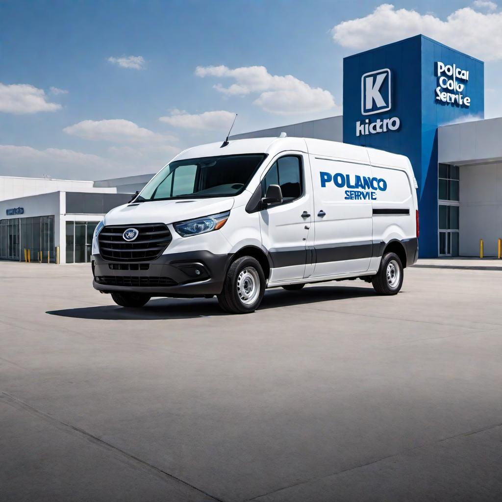  Create an image of a white cargo van with dodger blue lettering displaying the name 'Polanco Ground Service' or 'Rick Polancos Ground Service'. The design should be clean and professional, emphasizing the company name on the side of the van. hyperrealistic, full body, detailed clothing, highly detailed, cinematic lighting, stunningly beautiful, intricate, sharp focus, f/1. 8, 85mm, (centered image composition), (professionally color graded), ((bright soft diffused light)), volumetric fog, trending on instagram, trending on tumblr, HDR 4K, 8K