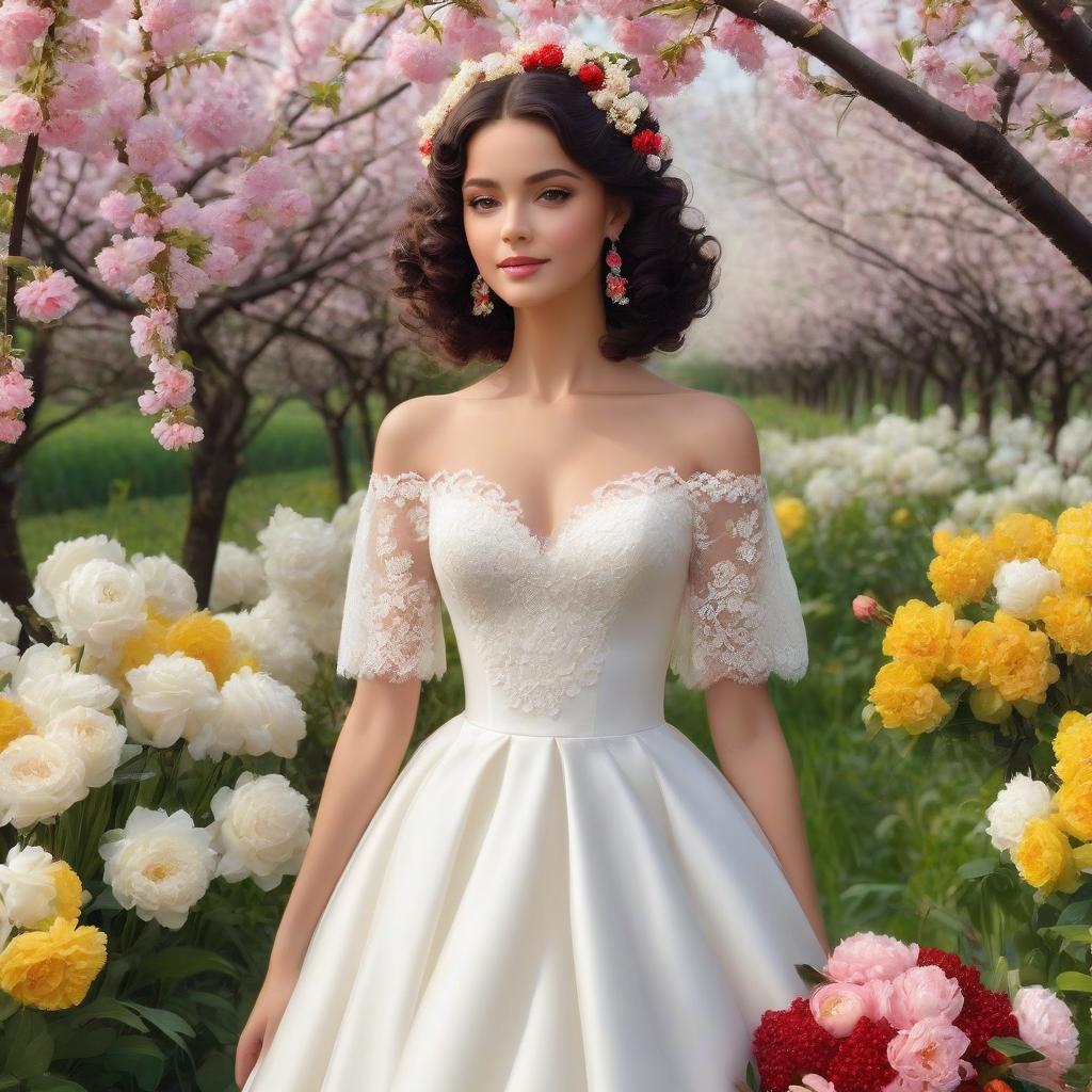  A masterpiece. Very beautiful girl with black curls gathered upwards. Beautiful hairstyle. White wedding fitted dress with lace. Elegance. Very beautiful dress. Brown eyes. Happy look. No pomp, just elegance. (Sparkling rim)): spring field, hyacinths, roses, rosehips, rose hips, peonies, cherry tree, yellow, red. Realism, rococo, surrealist abstraction. Alfonso Mucha, Honoré Fargonard. hyperrealistic, full body, detailed clothing, highly detailed, cinematic lighting, stunningly beautiful, intricate, sharp focus, f/1. 8, 85mm, (centered image composition), (professionally color graded), ((bright soft diffused light)), volumetric fog, trending on instagram, trending on tumblr, HDR 4K, 8K