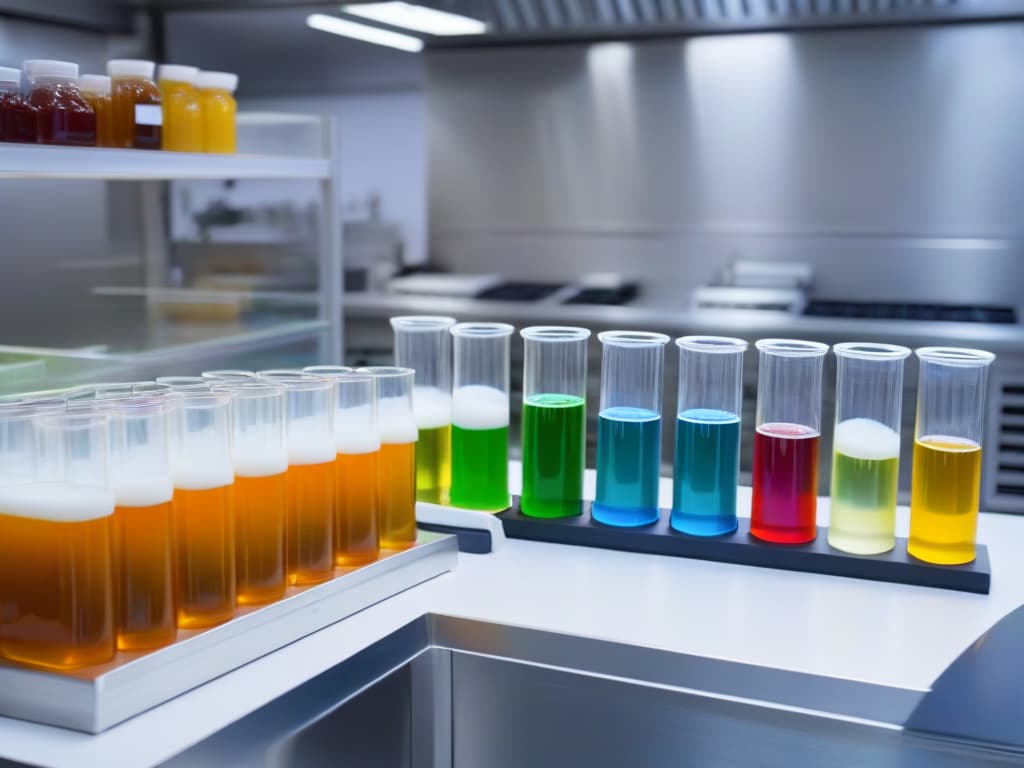  An ultradetailed image showcasing a sleek, modern kitchen counter adorned with neatly arranged scientificlooking glass beakers filled with colorful liquids of various viscosities. Each beaker is meticulously labeled with scientific symbols representing ingredients like agar agar, calcium lactate, and sodium alginate. The background is softly blurred to keep the focus on the intricate details of the ingredients, emphasizing precision and innovation in molecular gastronomy. hyperrealistic, full body, detailed clothing, highly detailed, cinematic lighting, stunningly beautiful, intricate, sharp focus, f/1. 8, 85mm, (centered image composition), (professionally color graded), ((bright soft diffused light)), volumetric fog, trending on instagram, trending on tumblr, HDR 4K, 8K