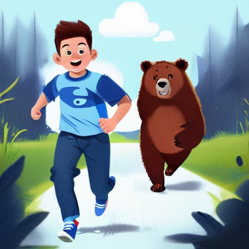  (a boy with blue shirt and blue jeans is running), a bear chasing