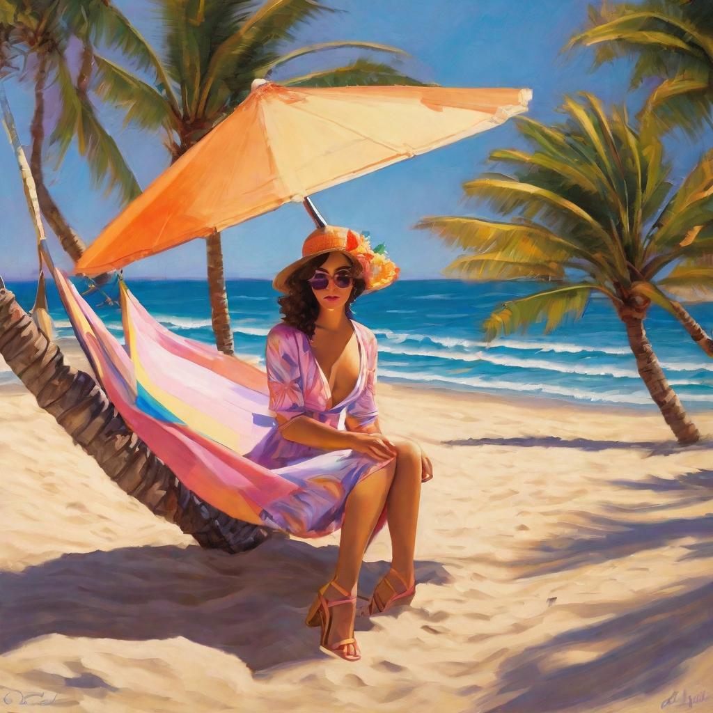  masterpiece, best quality, A woman in her early twenties with sun kissed skin and curly blonde hair is sitting on a wooden swing suspended between two palm trees on a sandy beach at sunset. The sky above is painted with hues of orange, pink, and purple. She's wearing a bright yellow sundress with white flowers embroidered on it, and her legs are parted, showing off her pedicured toes wiggling in her silver strappy sandals. A beach umbrella or a canopy nearby casts a cool shadow on the sand, where her sandals and a beach towel are neatly arranged. The air is filled with the sweet scent of saltwater and coconut sunscreen. A few seagulls fly in the background, and a few beach balls and beach chairs are scattered around. The woman gently rocks 