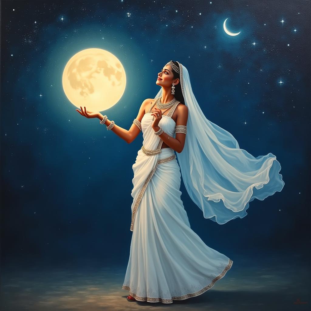  good quality, high quality, a mesmerizing oil painting i image with dark night background with beautiful shining glittering stars in the sky of a beautiful young indian goddess wearing white dhothi style saree with strapless white blouse and a long flowing white veil on her head with jewellery, crown, smile on her face standing artistically and holding a big moon illuminating light from the moon with her two hands gracefully and a beautiful white soft light hues illuminating from the outline of her body.