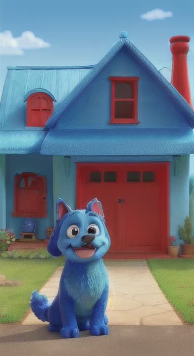  {Max the big blue dog standing in front of a cozy little house with a red door, The big blue dog is large with sky blue fur, big round eyes, a black nose, and floppy ears.