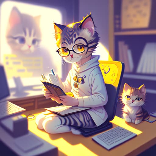 in OliDisco style cartoon kitten. cute anthropomorphic kitten. cute cartoon. cute vtuber. wearing glasses. desk. sitting in a char. reading. cute atwork. inspired by manga master. cute core. cat_ cat. cute digital art.