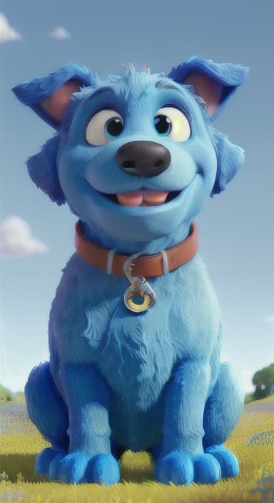  {A happy, big blue dog wagging its tail in a colorful meadow, The big blue dog is large with sky blue fur, big round eyes, a black nose, and floppy ears.