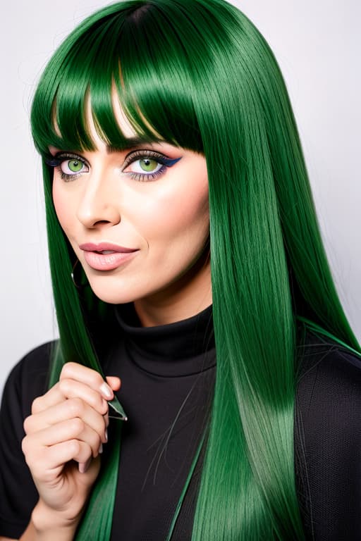  Syco with green eyes hair with green certain bangs and holding nife with crazy expression on face show