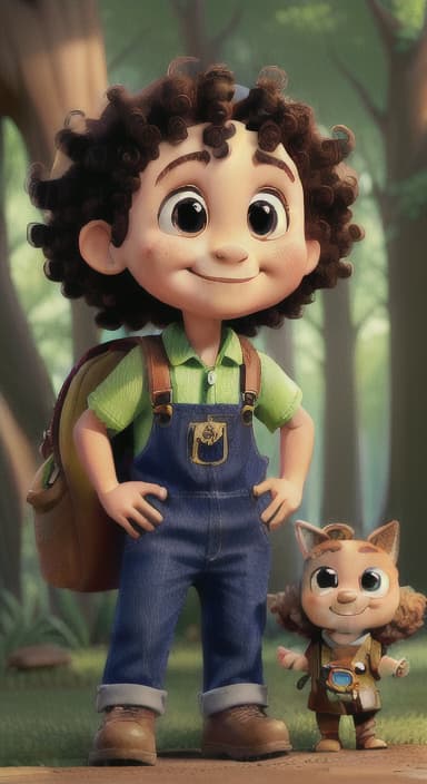  {The tree with a smiling face formed by its bark, looking down at Riley., Riley, a curious with big brown eyes and curly hair, wearing overalls and carrying a small backpack. Their friend, Skye, a bluebird with shiny feathers.