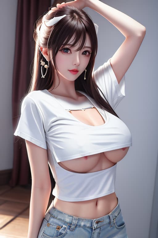  masterpiece, best quality, highres, aarin, long hair, earrings, <lora:shibuya rin v1:0.7>, (white underboob t shirt:1.9) clothes writing, midriff, jeans, hands in pockets hyperrealistic, full body, detailed clothing, highly detailed, cinematic lighting, stunningly beautiful, intricate, sharp focus, f/1. 8, 85mm, (centered image composition), (professionally color graded), ((bright soft diffused light)), volumetric fog, trending on instagram, trending on tumblr, HDR 4K, 8K