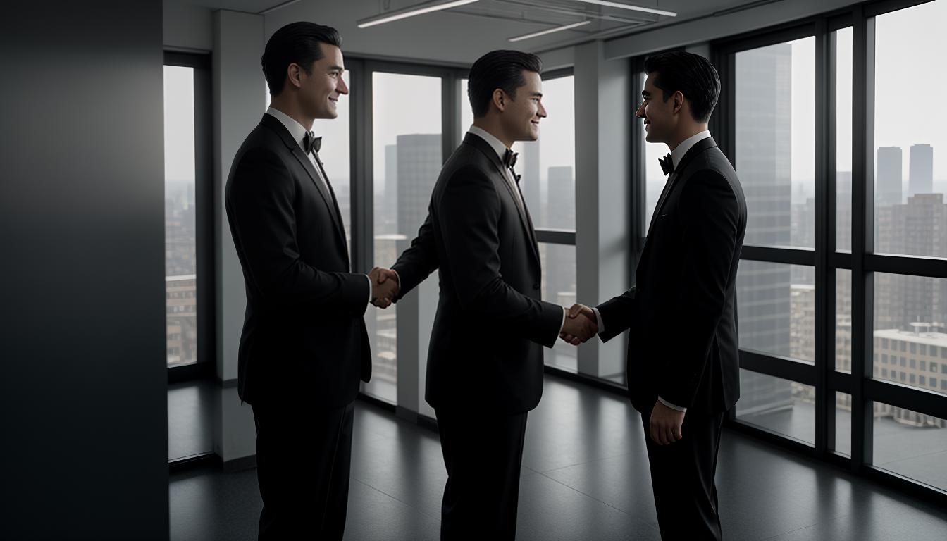  cinematic, aesthetic, two figures sharing a formal yet warm handshake, detailed expressions of mutual respect, surrounding scene of an office environment, professional yet inviting, establishing deeper connection, 4k, HDR, lens flare