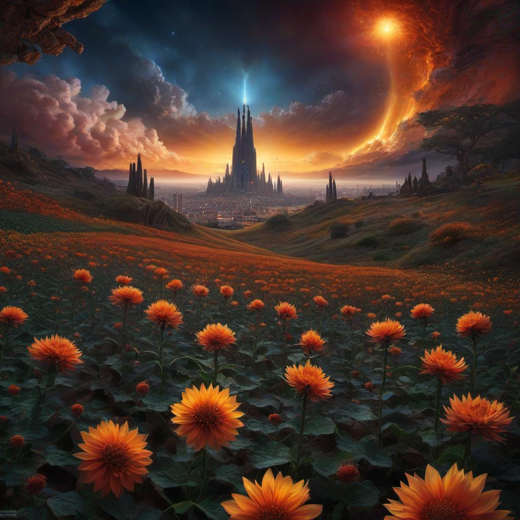  (stylized by Tomasz Alen Kopera:1.3) , dark art, dense flower field and Perseid meteor in background, landscape of a (Barcelona:1.2) , very Bizarre and 1600'S, Hurricane, Glitchcore, Amaro, layered textures, ornate, intricate artistic color, complimentary colors, very inspirational, atmosphere, fine artistic composition, sunny, theatrical hyperrealistic, full body, detailed clothing, highly detailed, cinematic lighting, stunningly beautiful, intricate, sharp focus, f/1. 8, 85mm, (centered image composition), (professionally color graded), ((bright soft diffused light)), volumetric fog, trending on instagram, trending on tumblr, HDR 4K, 8K