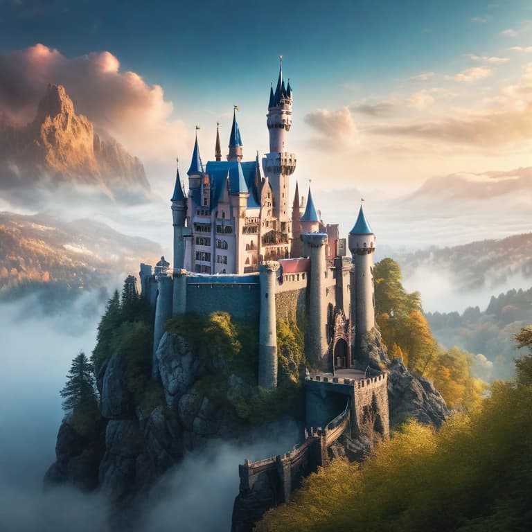  Fantasy castle overlooking a magical kingdom hyperrealistic, full body, detailed clothing, highly detailed, cinematic lighting, stunningly beautiful, intricate, sharp focus, f/1. 8, 85mm, (centered image composition), (professionally color graded), ((bright soft diffused light)), volumetric fog, trending on instagram, trending on tumblr, HDR 4K, 8K