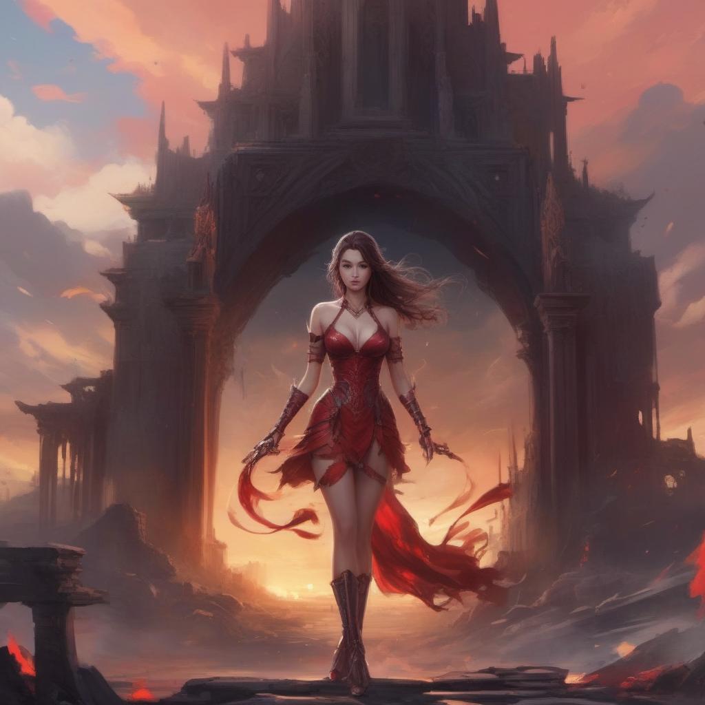  concept art Girl, beautiful, in red dress, fantasy style armor, sunset, ruins, chaos of red energy, digital art, sakimichan, many details, masterpiece, best in the world art, winner of artstation contest. . digital artwork, illustrative, painterly, matte painting, highly detailed