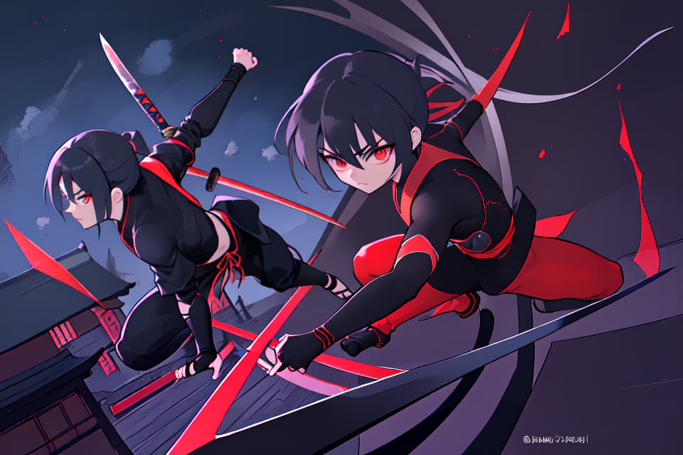  Ninja, acrobat, dynamism, high angle, ninjutsu, sword, tension, night, detail