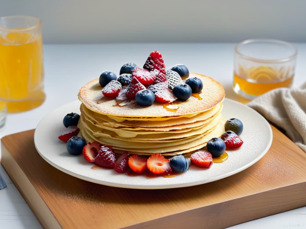  A minimalistic, highly detailed image of a stack of freshly made crepes, delicately folded and topped with vibrant mixed berries and a drizzle of honey, all placed on a sleek, modern white plate against a soft, neutral background. The crepes are golden brown with a slight crispness around the edges, oozing a hint of warm steam, while the colorful berries glisten invitingly under the gentle light, creating a visually appealing and appetizing composition. hyperrealistic, full body, detailed clothing, highly detailed, cinematic lighting, stunningly beautiful, intricate, sharp focus, f/1. 8, 85mm, (centered image composition), (professionally color graded), ((bright soft diffused light)), volumetric fog, trending on instagram, trending on tumblr, HDR 4K, 8K