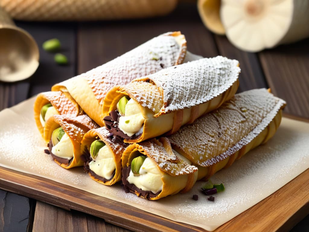  A closeup, ultradetailed image of a freshly prepared cannoli Siciliano, showcasing the crispy golden shell filled with creamy ricotta cheese, dotted with finely chopped pistachios and chocolate chips. The delicate pastry is dusted with a light sprinkling of powdered sugar, sitting on a rustic ceramic plate with subtle textured details, set against a soft, blurred background that hints at a traditional Sicilian kitchen. The lighting captures every intricate layer and texture, highlighting the richness and authenticity of this iconic dessert. hyperrealistic, full body, detailed clothing, highly detailed, cinematic lighting, stunningly beautiful, intricate, sharp focus, f/1. 8, 85mm, (centered image composition), (professionally color graded), ((bright soft diffused light)), volumetric fog, trending on instagram, trending on tumblr, HDR 4K, 8K