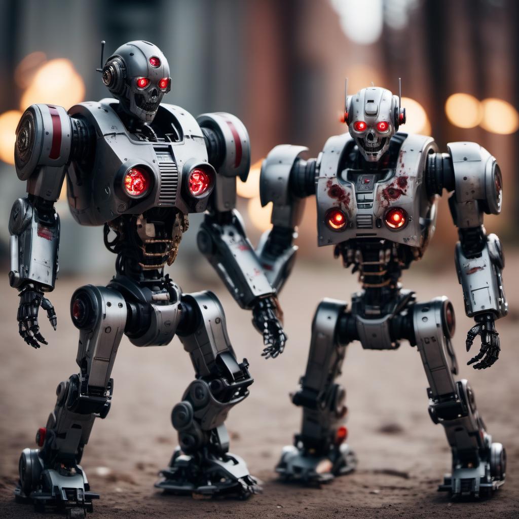  cinematic photo Two horrifying battle robots are zombies opposite . 35mm photograph, film, bokeh, professional, 4k, highly detailed