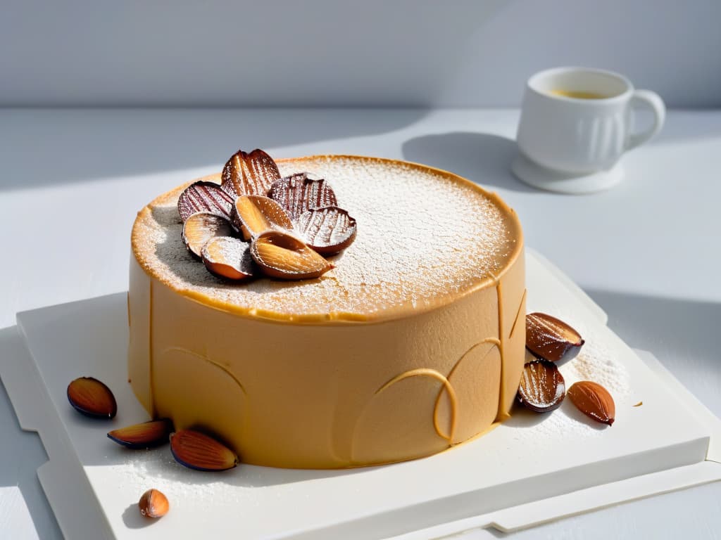  A closeup, ultradetailed image of a freshly baked sugarfree and glutenfree almond flour cake, topped with a delicate arrangement of sliced almonds and a sprinkle of powdered erythritol, all set on a sleek, white minimalist plate. The cake exudes a goldenbrown hue, with a moist crumb texture visible in the slice, and a subtle aroma of vanilla and cinnamon emanating from it. The play of natural light creates a soft shadow under the plate, highlighting the intricate textures and inviting presentation of this delectable yet diabeticfriendly dessert option. hyperrealistic, full body, detailed clothing, highly detailed, cinematic lighting, stunningly beautiful, intricate, sharp focus, f/1. 8, 85mm, (centered image composition), (professionally color graded), ((bright soft diffused light)), volumetric fog, trending on instagram, trending on tumblr, HDR 4K, 8K