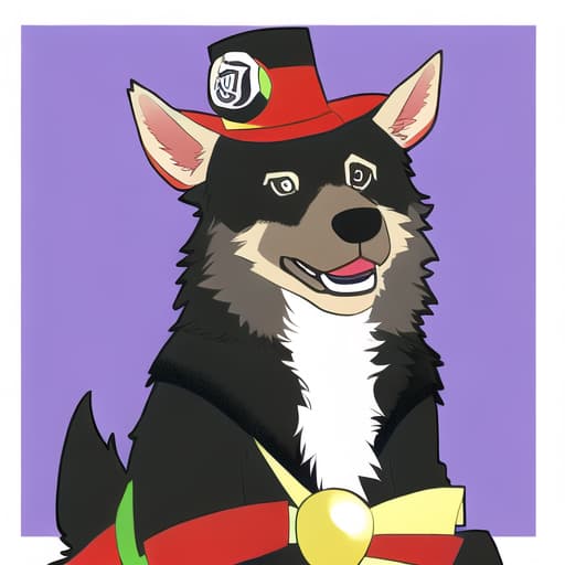  German shepherd dog wearing a guy fawkes mask and hat