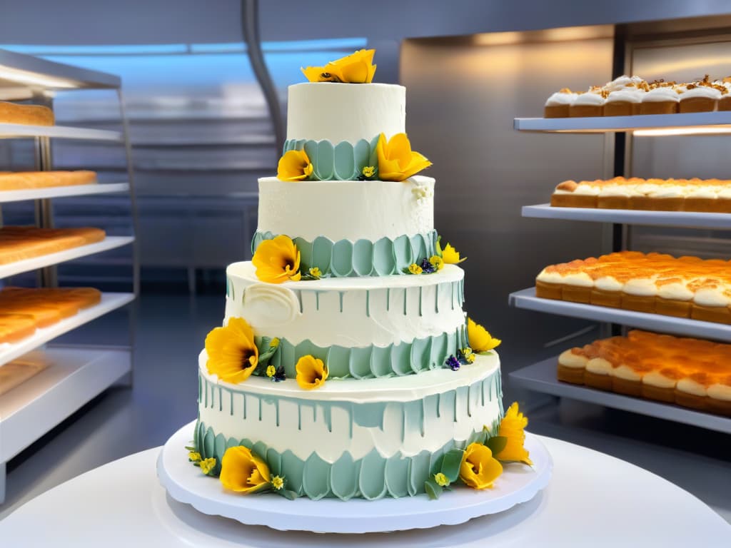  A photorealistic image of a skilled baker with a focused expression, meticulously piping delicate vegan frosting onto a beautifully decorated tiered cake. The baker's hands are steady, showcasing intricate details like edible flowers and elegant swirls, all set against a clean, modern bakery backdrop with shelves of freshly baked vegan treats in the background. The lighting is soft, highlighting the artistry and precision of the baker's craft, creating an inspiring and aspirational scene for readers interested in starting their vegan bakery business. hyperrealistic, full body, detailed clothing, highly detailed, cinematic lighting, stunningly beautiful, intricate, sharp focus, f/1. 8, 85mm, (centered image composition), (professionally color graded), ((bright soft diffused light)), volumetric fog, trending on instagram, trending on tumblr, HDR 4K, 8K