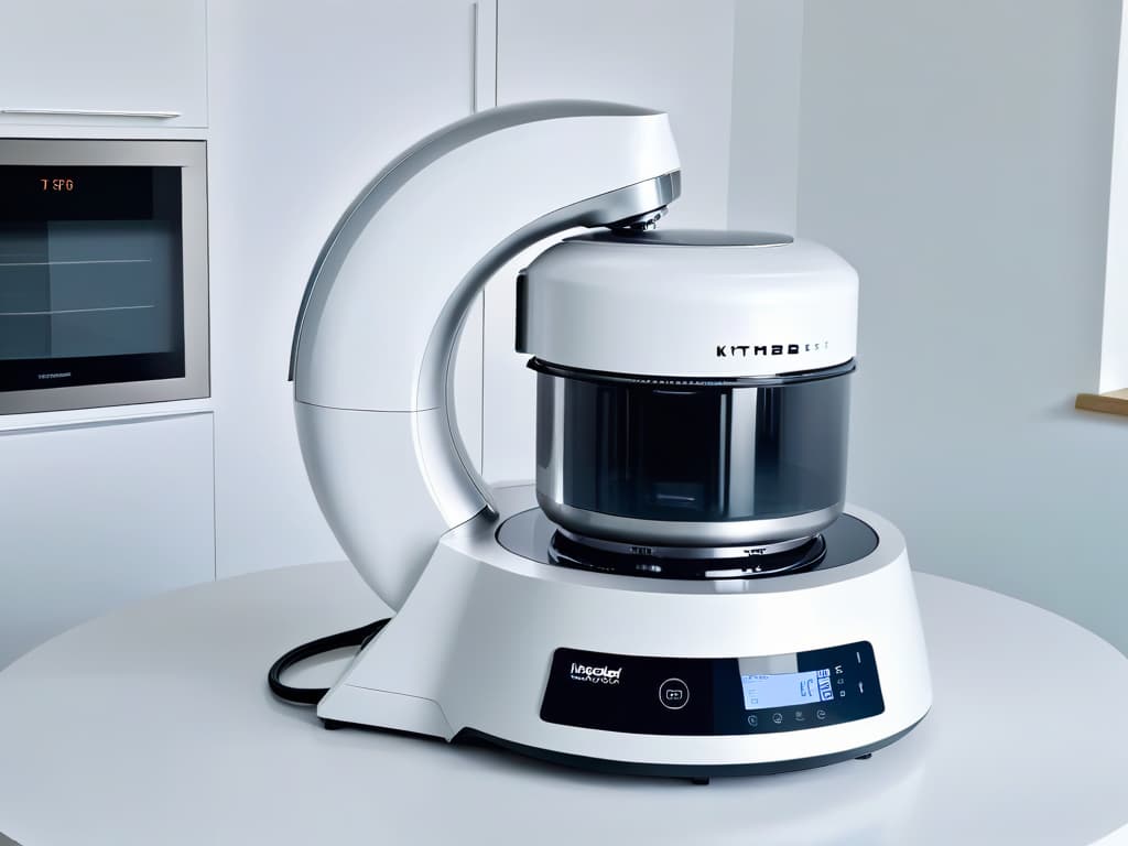  An ultradetailed closeup image of a sleek, modern multifunctional kitchen robot in a pristine white kitchen setting. The robot is elegantly designed with smooth lines and a digital display, showcasing various attachment options for baking and pastry tasks. The lighting is soft, emphasizing the robot's advanced features and highlighting its versatility in revolutionizing the baking process. hyperrealistic, full body, detailed clothing, highly detailed, cinematic lighting, stunningly beautiful, intricate, sharp focus, f/1. 8, 85mm, (centered image composition), (professionally color graded), ((bright soft diffused light)), volumetric fog, trending on instagram, trending on tumblr, HDR 4K, 8K