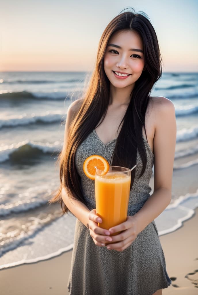  Beautiful with long hair wearing black Hand holding a gl of orange juice Beautiful smile, charming, hair flowing, at the beach. , ADVERTISING PHOTO,high quality, good proportion, masterpiece , The image is captured with an 8k camera and edited using the latest digital tools to produce a flawless final result.