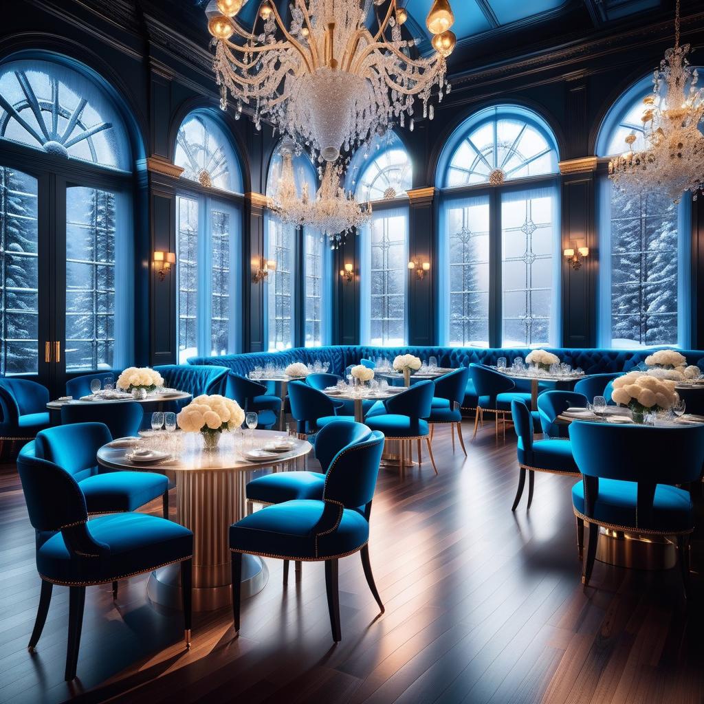  Luxury product style (Cafe interior). (Floor and walls):decorated with snowy intricate patterns of blue, white, silver snowflakes. (Furniture): elegant tables and chairs are forged from ice crystals and sparkle in the starlight. The windows are covered with openwork curtains made of frost. . Elegant, sophisticated, high end, luxurious, professional, highly detailed hyperrealistic, full body, detailed clothing, highly detailed, cinematic lighting, stunningly beautiful, intricate, sharp focus, f/1. 8, 85mm, (centered image composition), (professionally color graded), ((bright soft diffused light)), volumetric fog, trending on instagram, trending on tumblr, HDR 4K, 8K