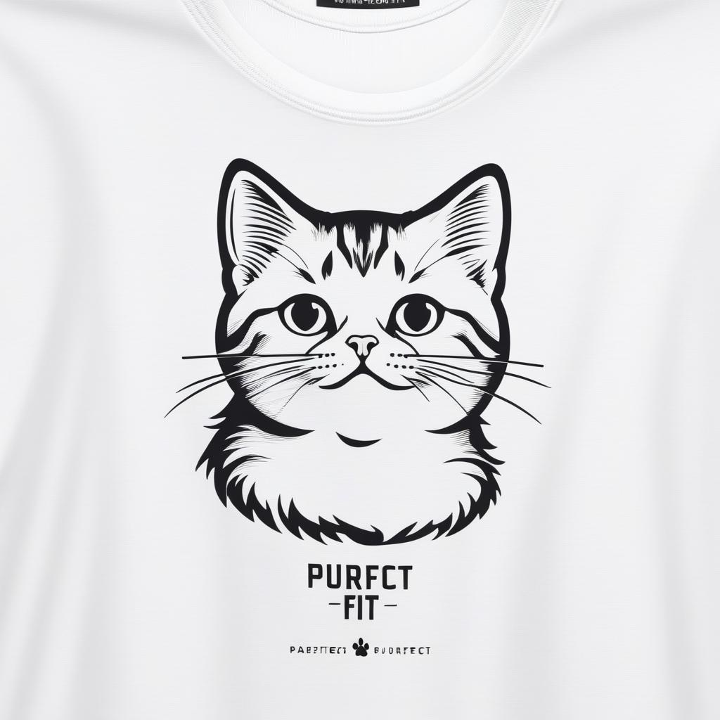  T-shirt of a minimalistic cat with the written text “PURFECT FIT” written underneath